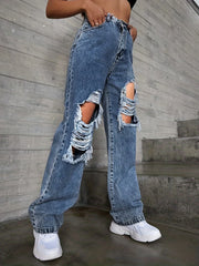 Straight Jeans Ripped Holes Non Stretch Baggy Denim Pants