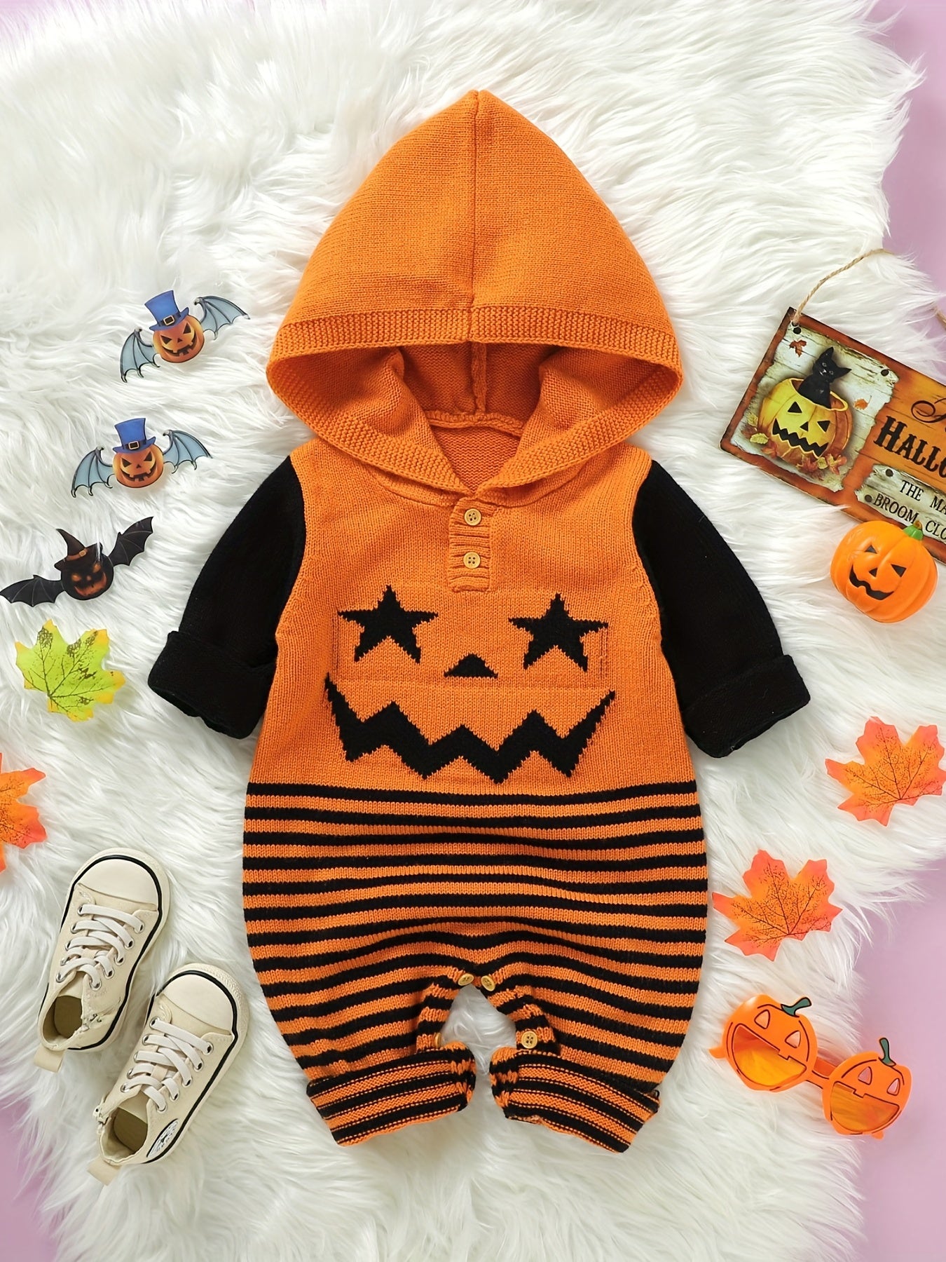 Baby Halloween Jacquard Knit Hooded Jumpsuit