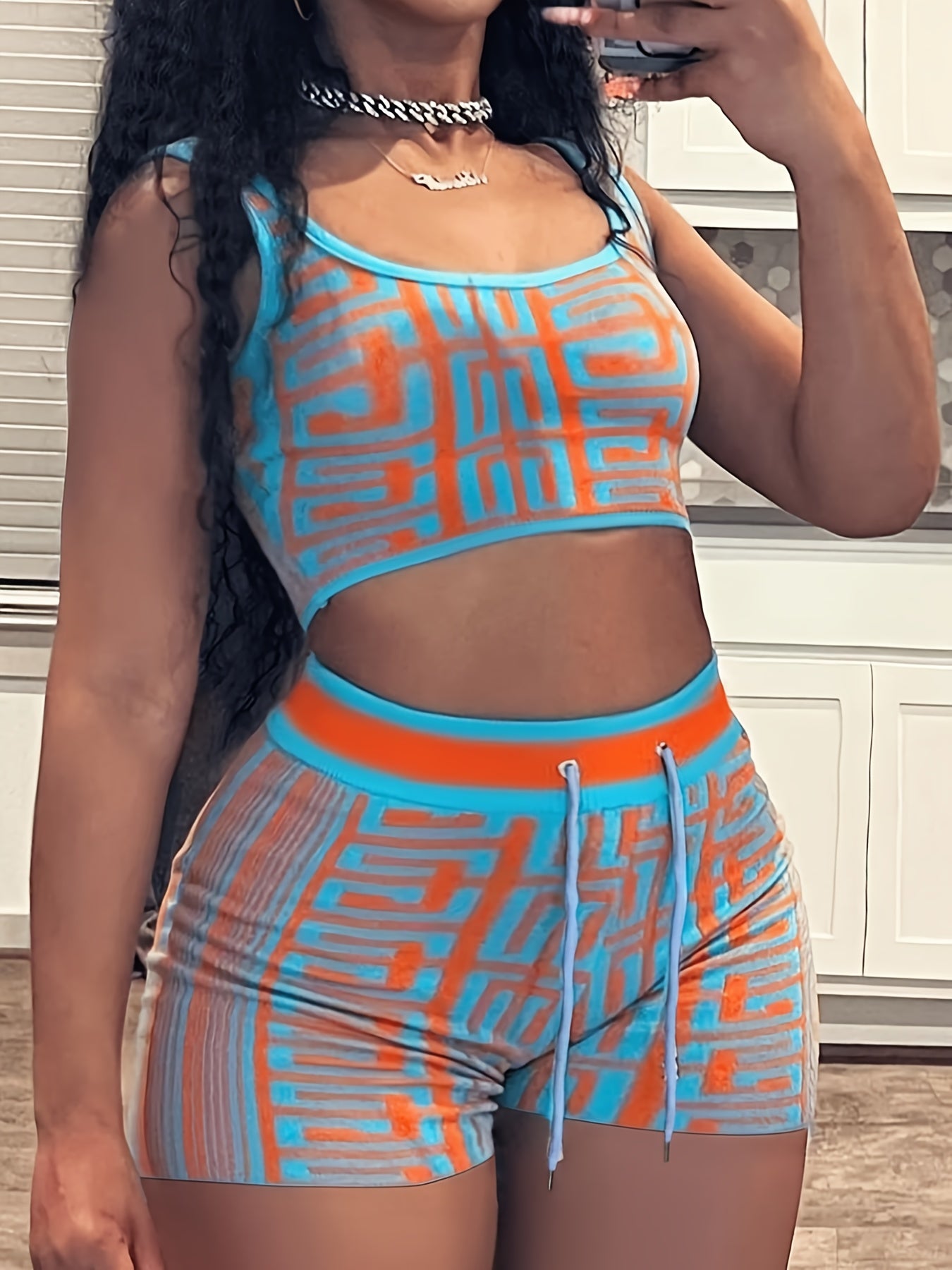  Greek Print Crop Tank Top & Drawstring Shorts Set