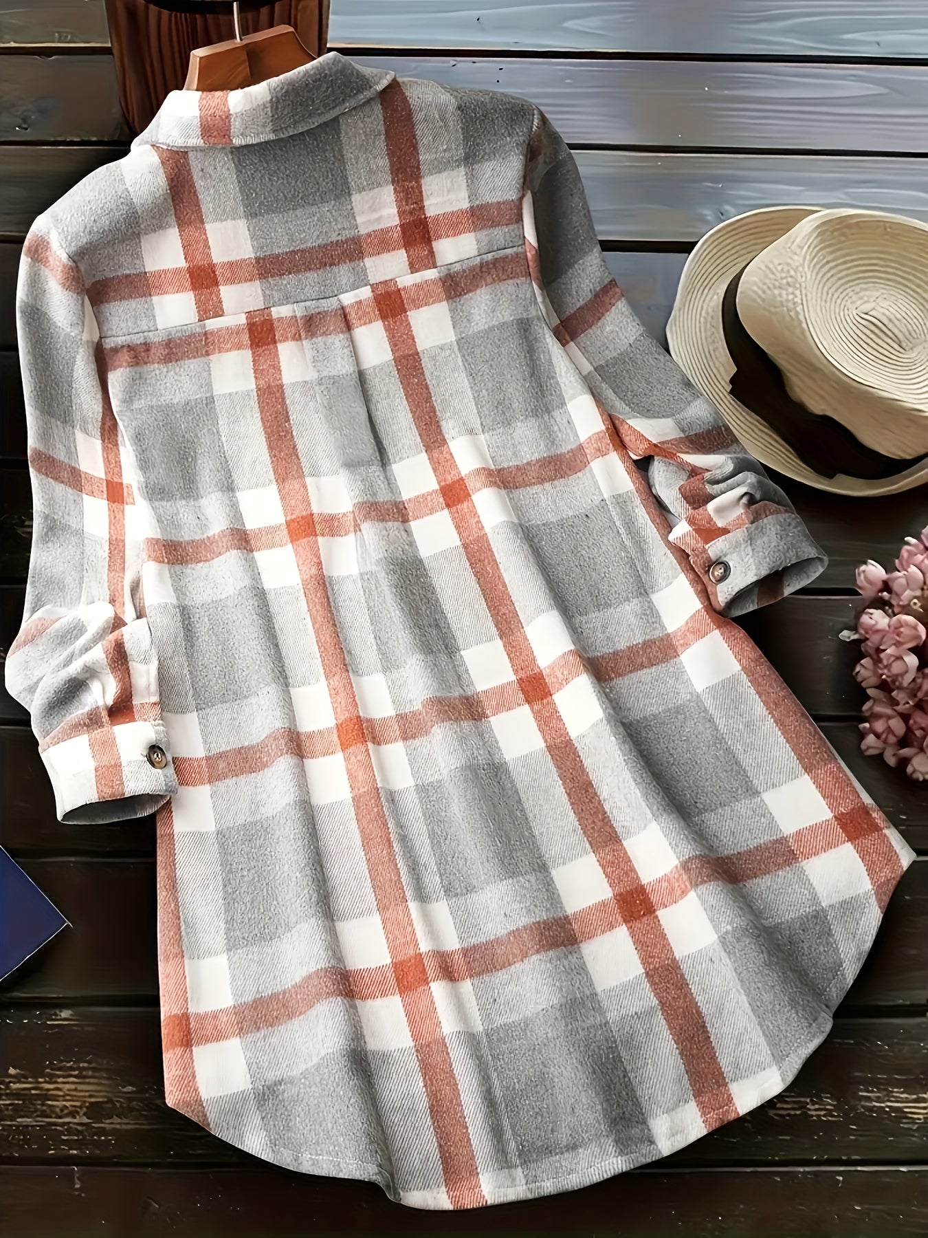  Plaid Print Button Up Long Sleeve Casual Blouse