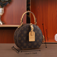 Vintage Floral Print Round Handbag for Women Zipper Closure Golden Tone Hardware