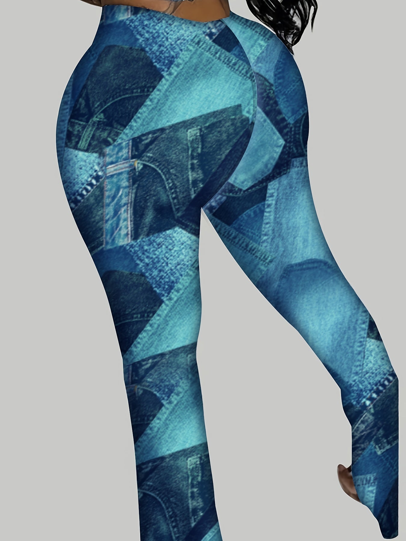  Denim Print High Rise Flared Leg Trousers