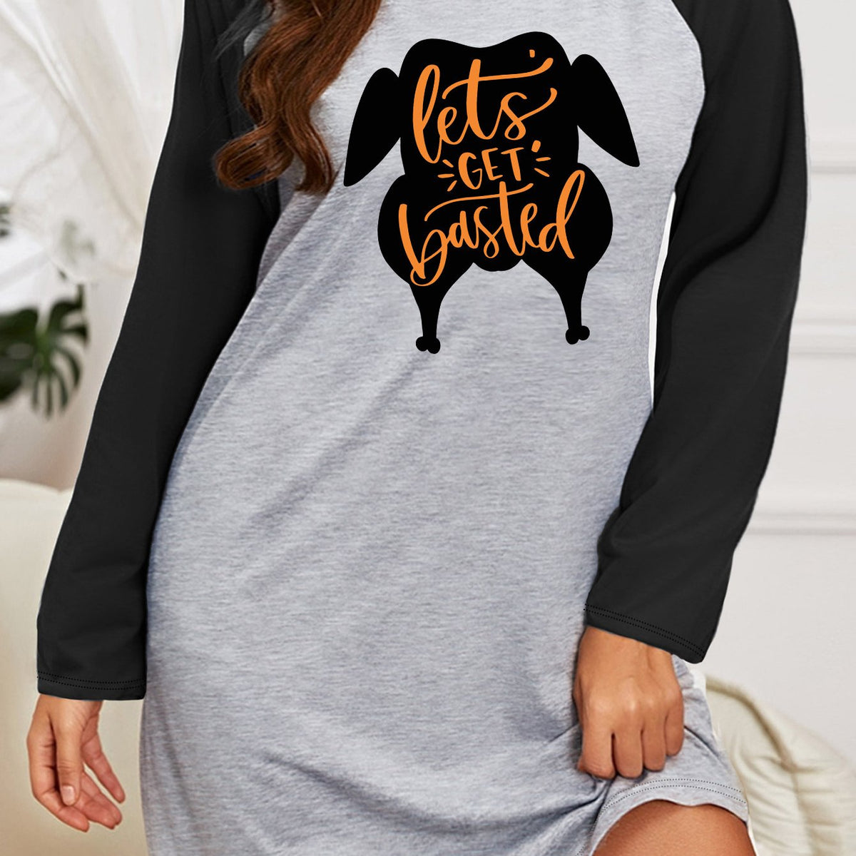  Casual Nightdress Women's Plus Turkey Print Raglan Sleeve Sleep Dress