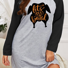 Casual Nightdress Women's Plus Turkey Print Raglan Sleeve Sleep Dress