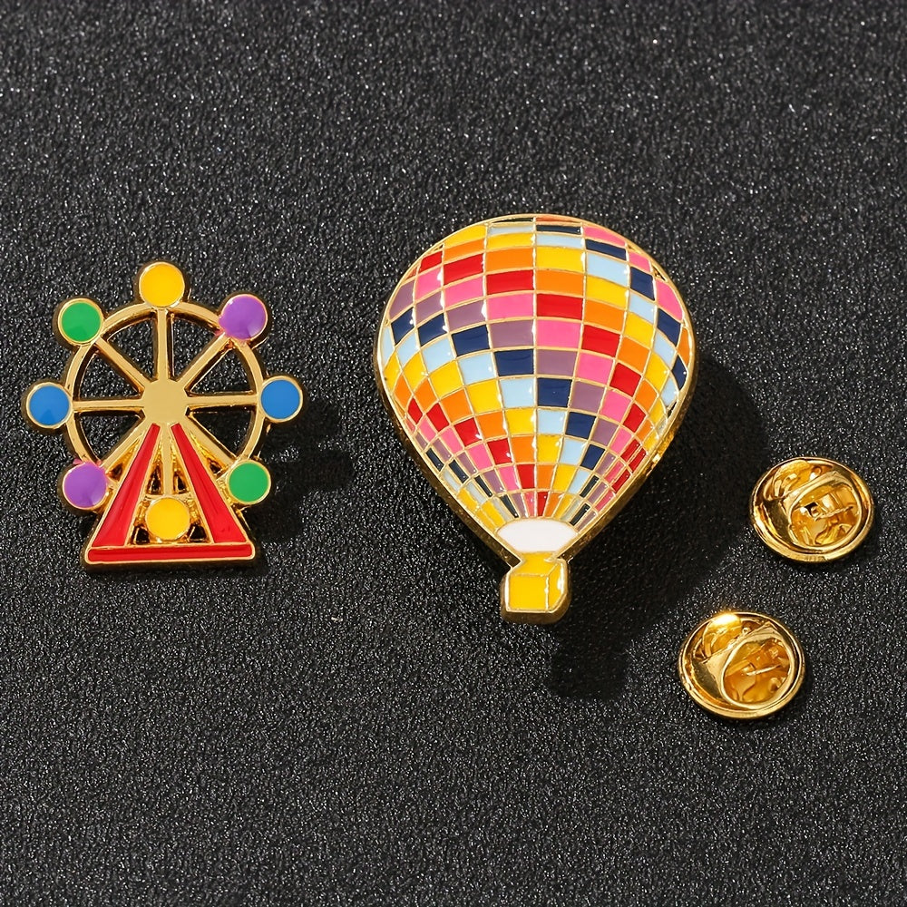 Enamel Hot Air Balloon & Ferris Wheel Brooch Pin for Girls