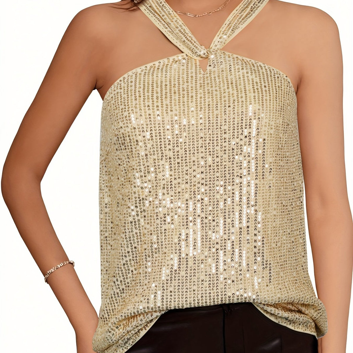 Sequined Keyhole Top Sexy Solid Party Sleeveless Top