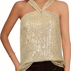 Sequined Keyhole Top Sexy Solid Party Sleeveless Top