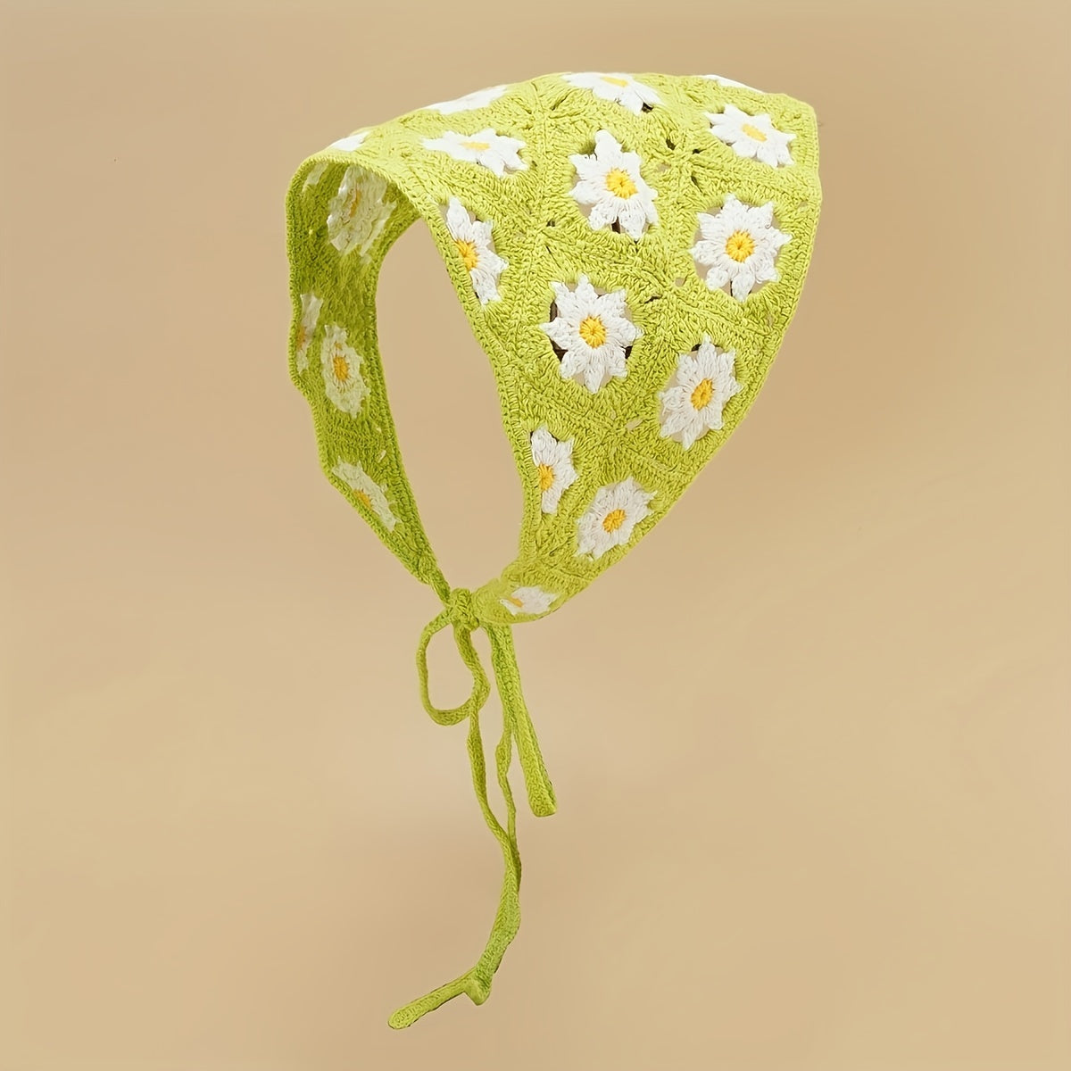 Daisy Flower Knitted Triangle Scarf Head Wrap Hollow Crochet Lace Up Turban Hat