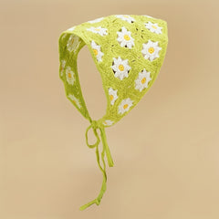 Daisy Flower Knitted Triangle Scarf Head Wrap Hollow Crochet Lace Up Turban Hat