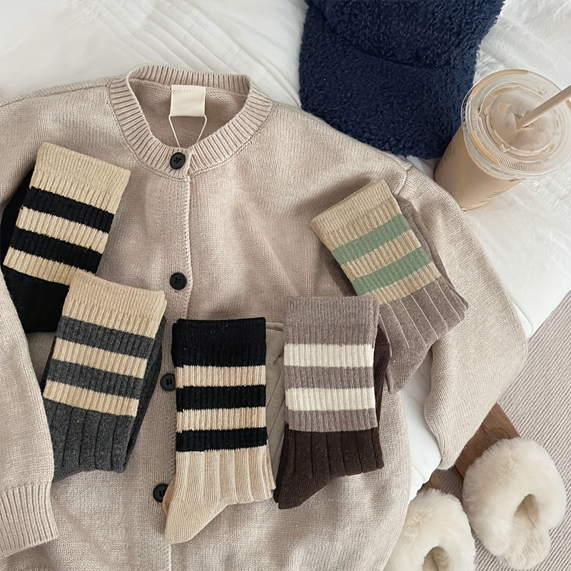 5 Pairs Striped Crew Socks Soft & Comfy Women's Stockings