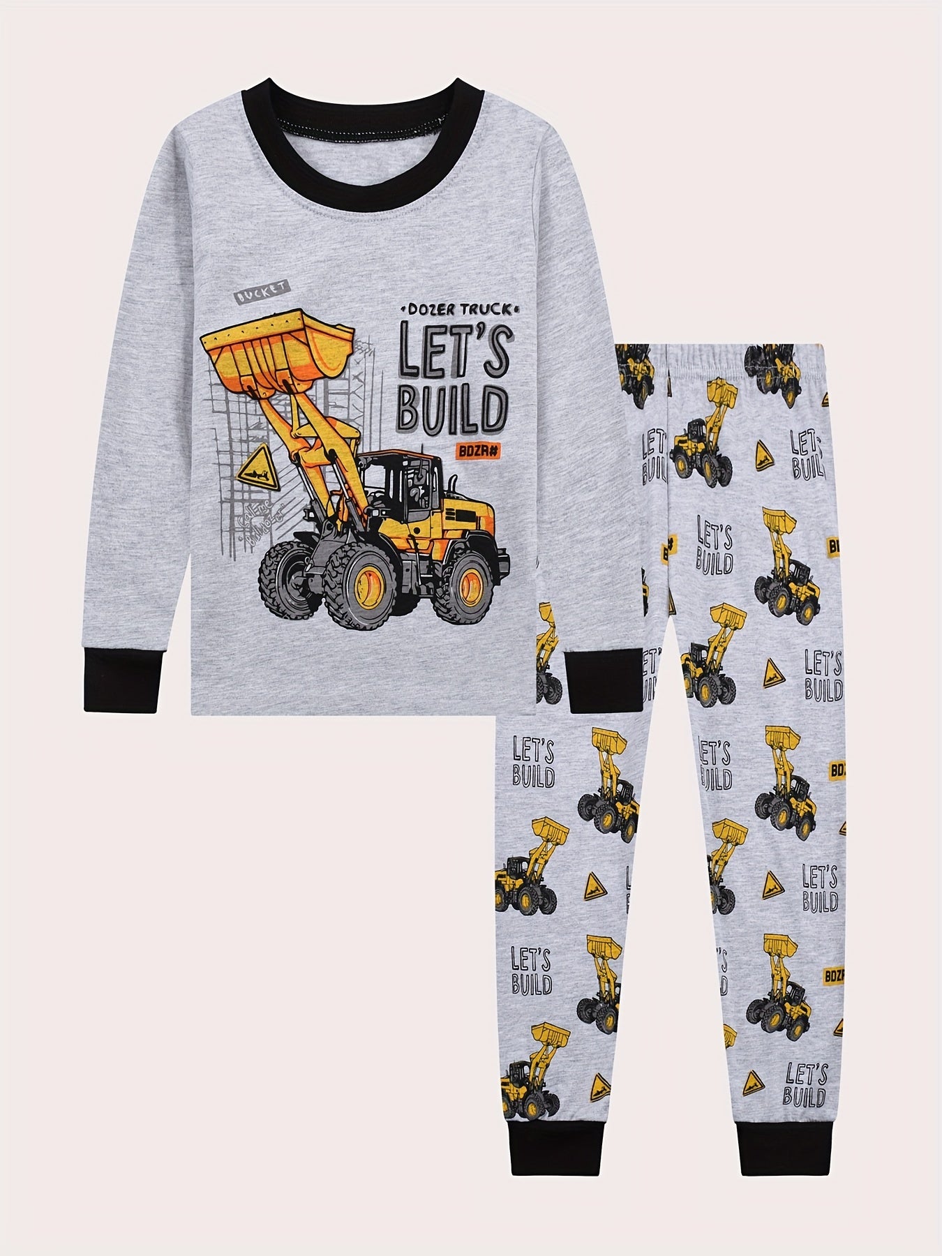 Excavator Pattern Kid's Pajamas 2pcs Long Sleeve Top & Pants Set