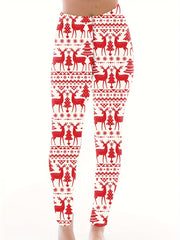  Christmas Leggings Reindeer & Tree Print High Rise Stretch Leggings