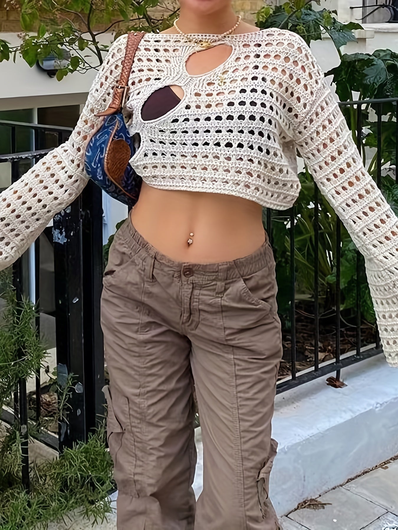 Crochet Knitted Long Sleeve Crop Top for Summer & Spring