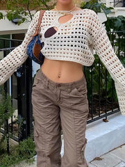 Crochet Knitted Long Sleeve Crop Top for Summer & Spring