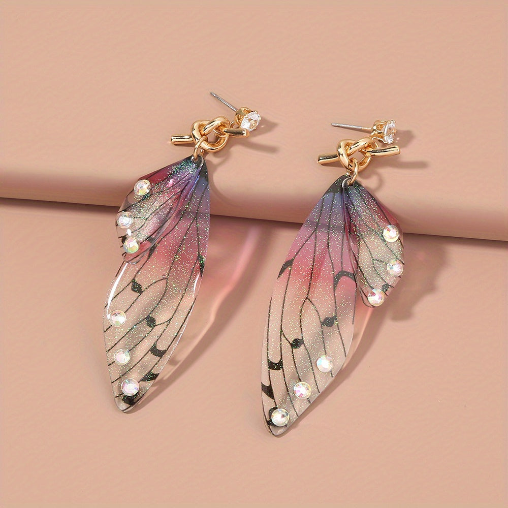 Resin Butterfly Wings Dangle Earrings with Rhinestone Decor
