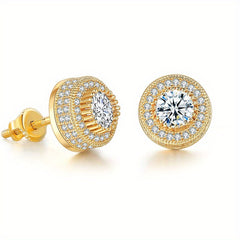 Round Stud Earrings Paved CZ Stone Silver Golden Ear Jewelry