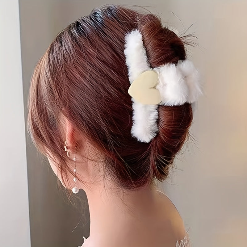 Heart Decor Fluffy Hair Claw Non Slip Hair Styling Accessory