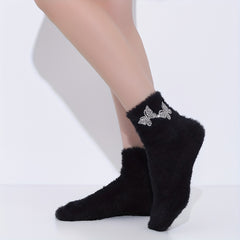 Butterfly Rhinestone Socks Fuzzy & Warm Women's Stockings