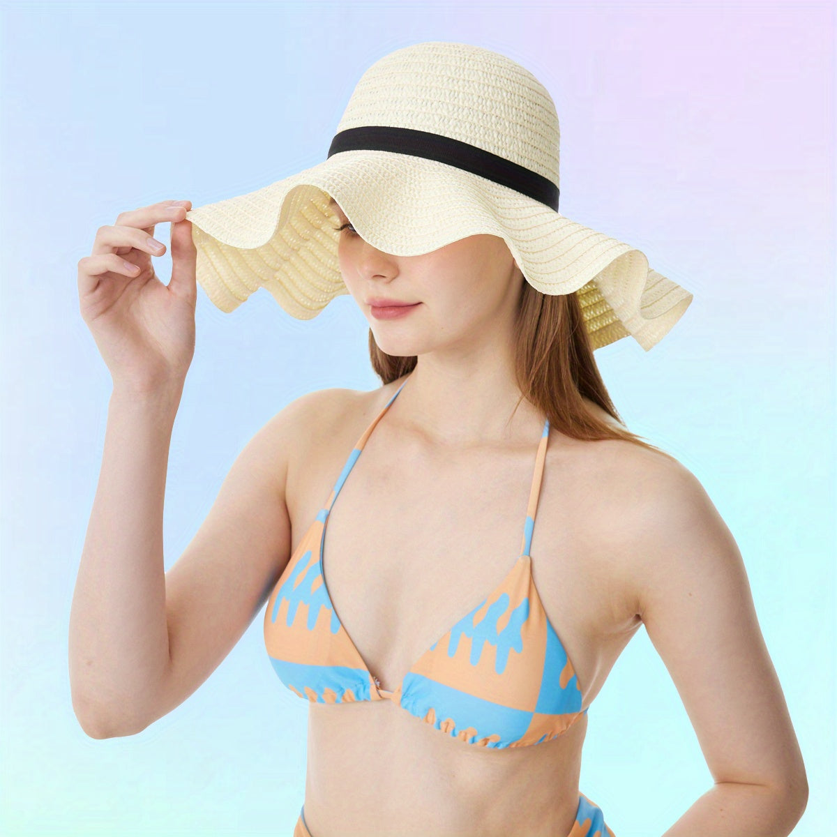 Wide Brim Sun Hat French Style Straw Ribbon Bowknot Travel Beach Hat