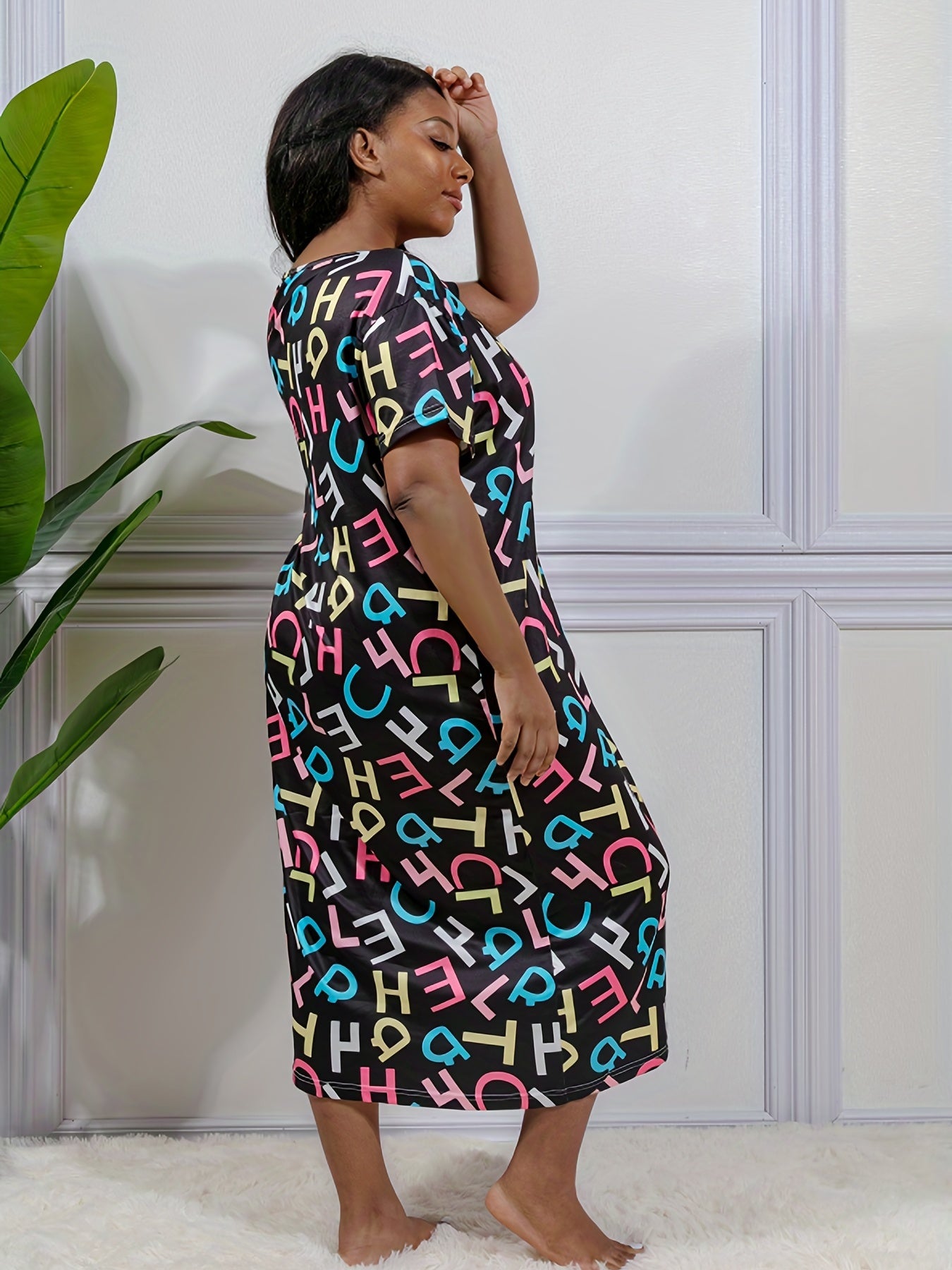 Casual Loungewear Dress Colorful Letter Print Short Sleeve Nightdress