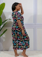  Casual Loungewear Dress Colorful Letter Print Short Sleeve Nightdress