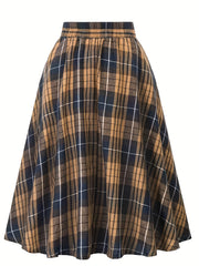  Grunge Skirt Women's Plus Plaid Print Button Elastic Ruffle Skirt