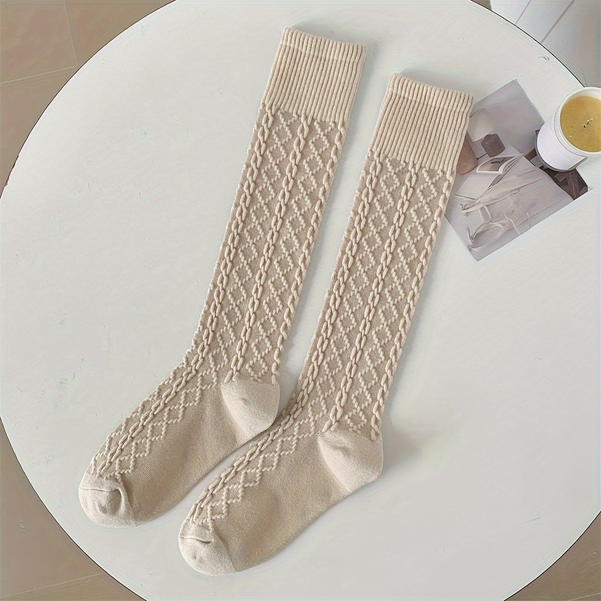 Argyle Textured Calf Socks Knee High Stockings Women's Hosiery