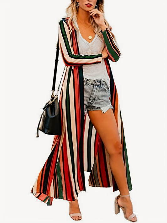  Colorblock Stripe Print Long Sleeve Cardigan