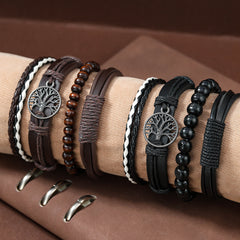 4pcs Set Men's Braided Leather Bracelets Vintage Tree Rudder Charm Brown