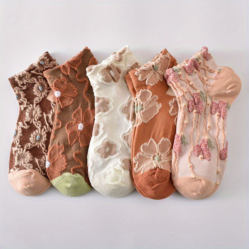 5 Pairs Flower Embossed Short Socks Colorblock Ankle Stockings Women's Hosiery