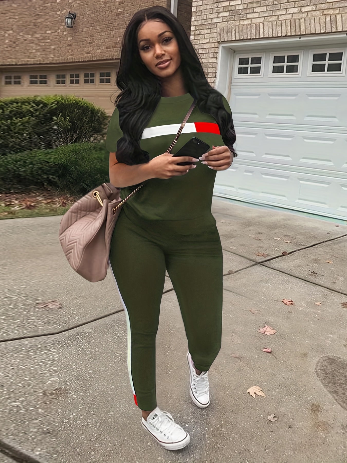 Block Two Piece Set Crew Neck Top & Drawstring Pants