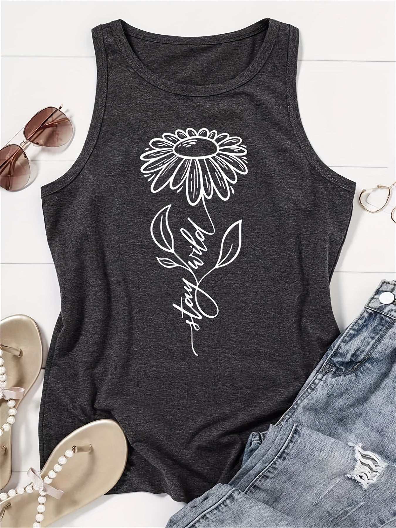 Flower & Stay Wild Print Tank Top Casual Top For Women