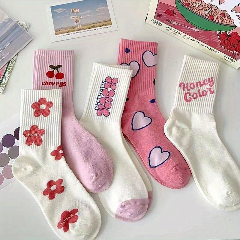 5 Pairs Letter & Heart Print Socks Women's Mid Tube Stockings