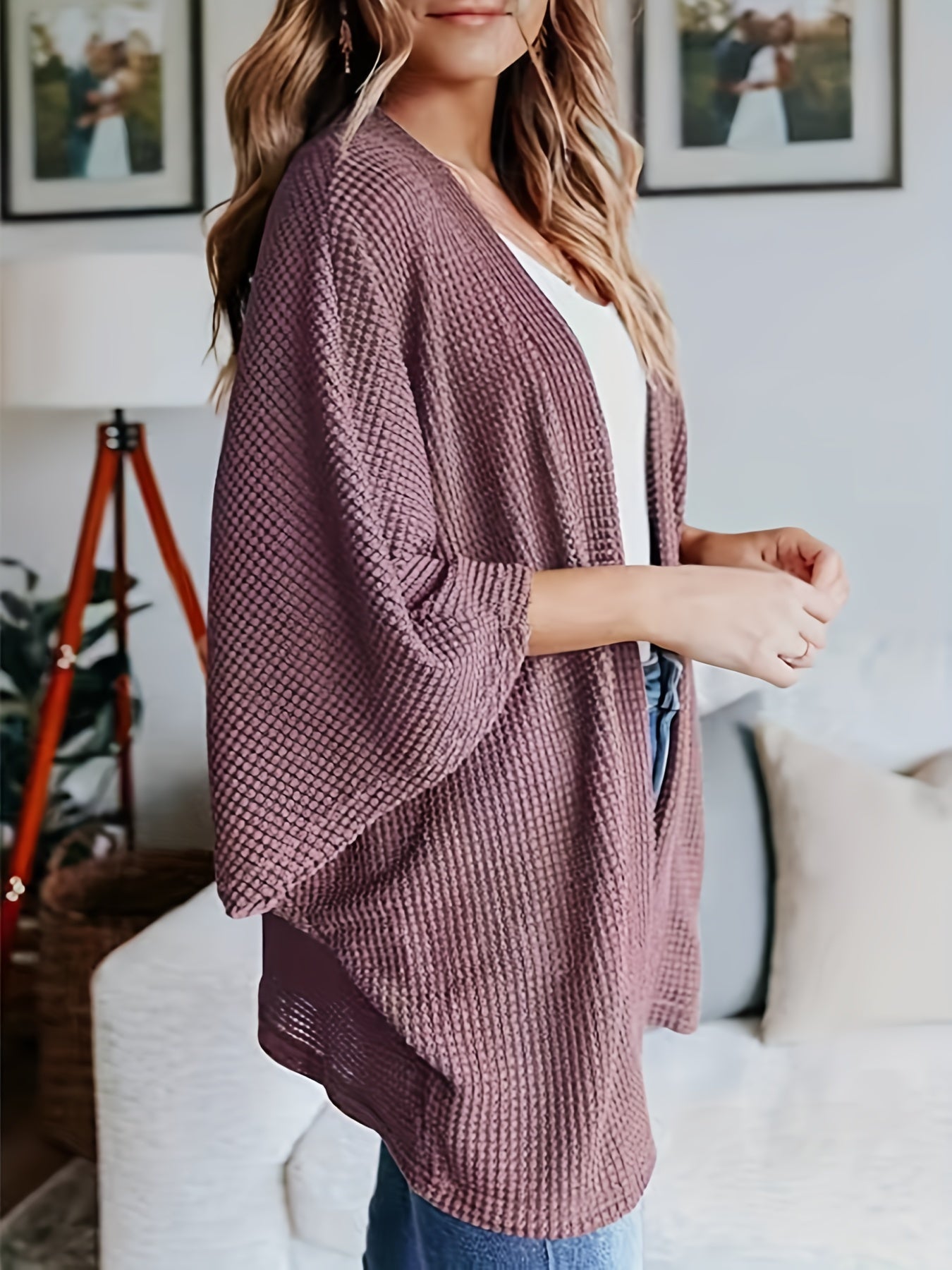  Solid Waffle Knit Bat Sleeve Cardigan