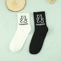 2 Pairs Cartoon Bear Print Socks Women's Comfy & Mid Tube Stockings