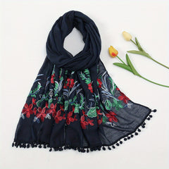 Leaf Flower Embroidery Scarf Tassel Hijab Boho Shawl with Chinese Style