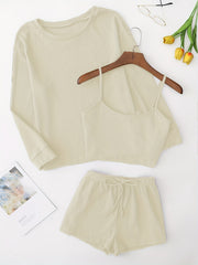 Solid Pajama Set Long Sleeve Top & Cami Top & Shorts