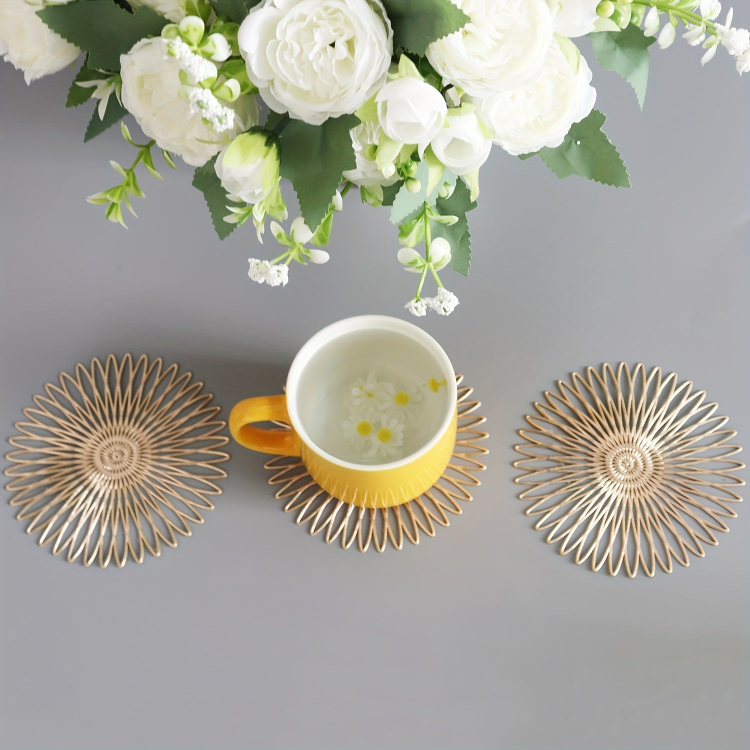 6pcs Round PVC Coasters Floral Pattern Solid Coasters Washable Placemat