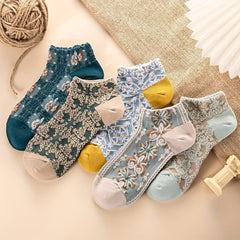 5 Pairs Vintage Floral Textured Short Socks Women's Stockings