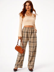 Women's Plus Plaid Print High Rise Wide Leg Pants