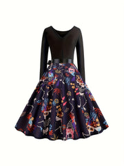  Gothic Dress Colorblock Funny Skull Print Long Sleeve Bow Front Swing
