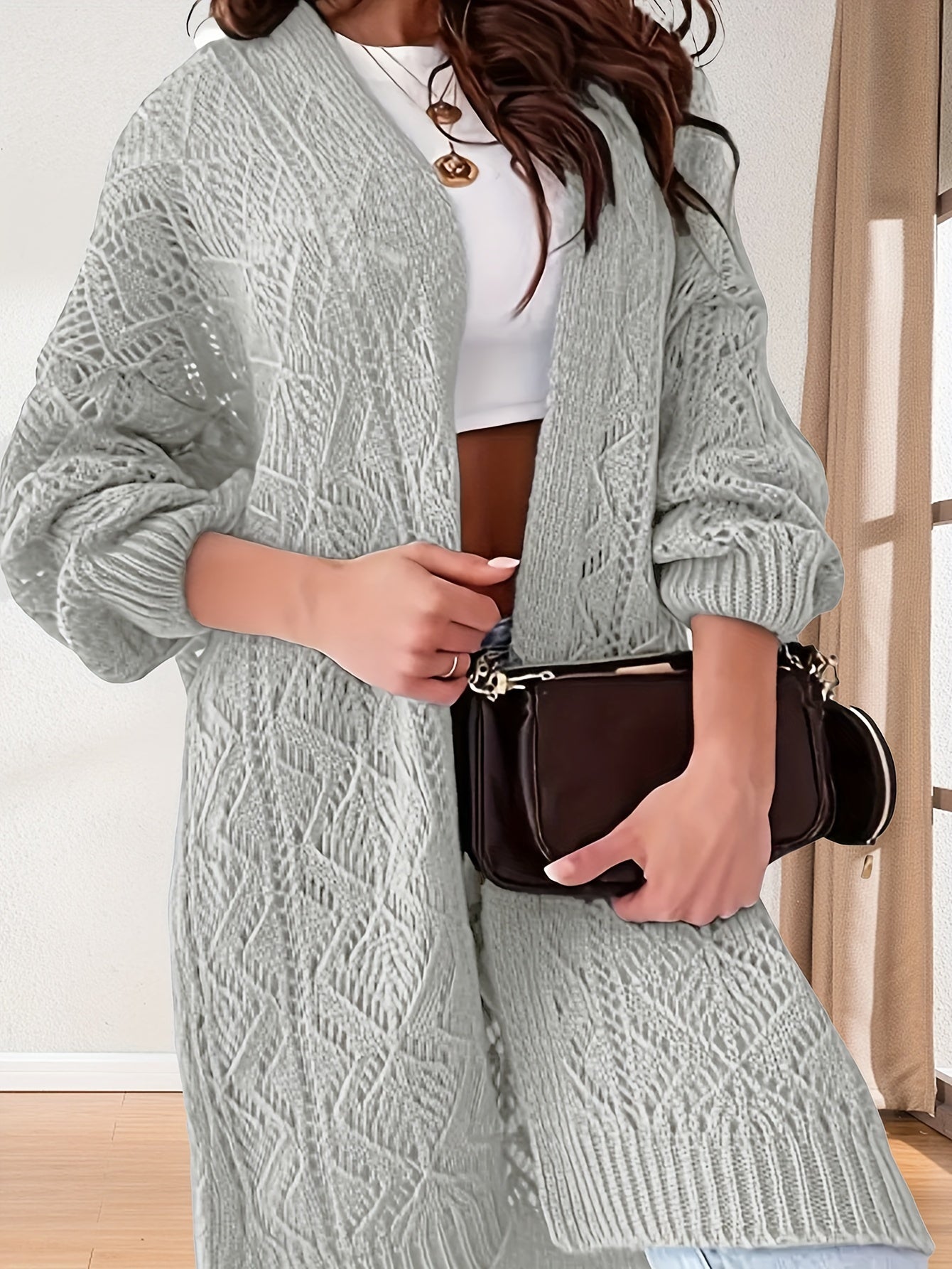  Solid Long Sleeve Open Front Knitted Sweater Cardigan