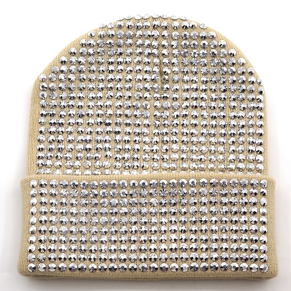 Rhinestone Knitted Hat Elastic Beanie Cap Women Hair Accessories