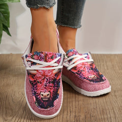 Women's Pink Bull Print Low Top Walking Shoes Lightweight Lace Up Casual Shoes