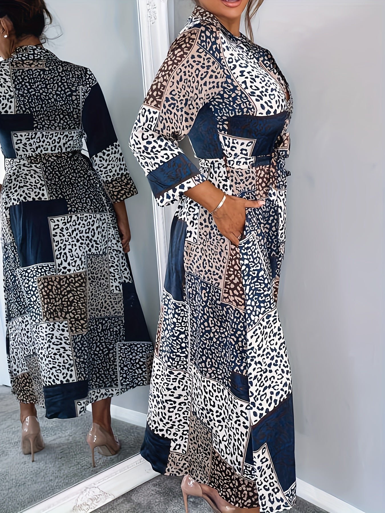  Leopard Print Long Sleeve Button-Up Maxi Shirt Dress