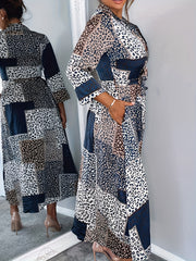  Leopard Print Long Sleeve Button-Up Maxi Shirt Dress