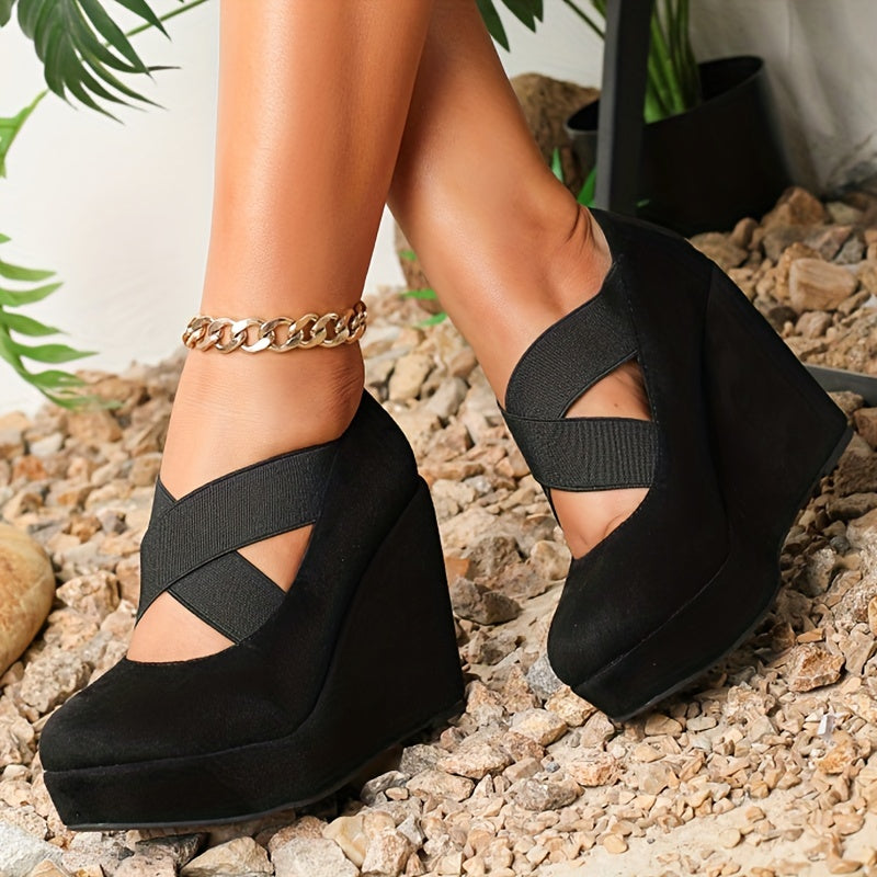 Women's Wedge Heels Round Toe Elastic Cross Strap Slip On High Heels