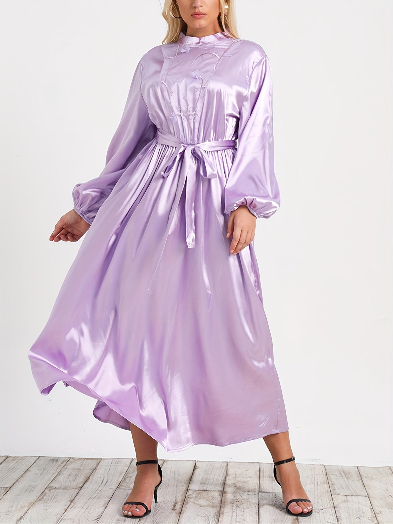  Solid Satin Lantern Sleeve Mock Neck Maxi Dress With Belt