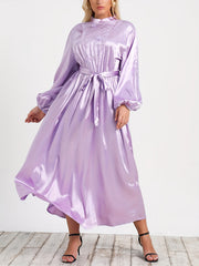 Solid Satin Lantern Sleeve Mock Neck Maxi Dress With Belt