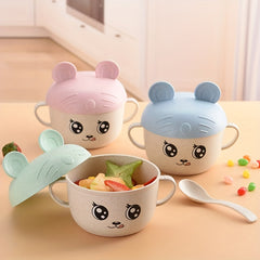 Children's Cartoon Double Handle Bowl with Lid and Spoon